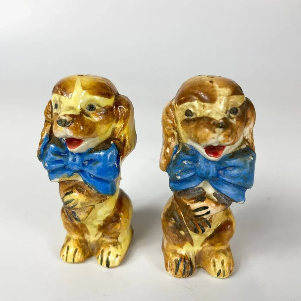 Vintage Ceramic Dog Spaniel Salt & Pepper Shakers  Blue Bows Japan 1950s